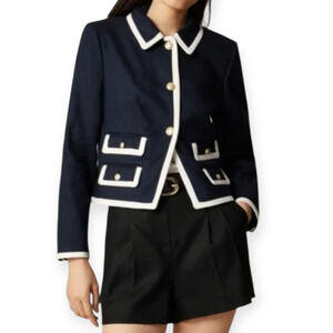 J. Crew Lucie Lady Jacket Navy Blue Stretch Linen White Trim Gold Button Size 14